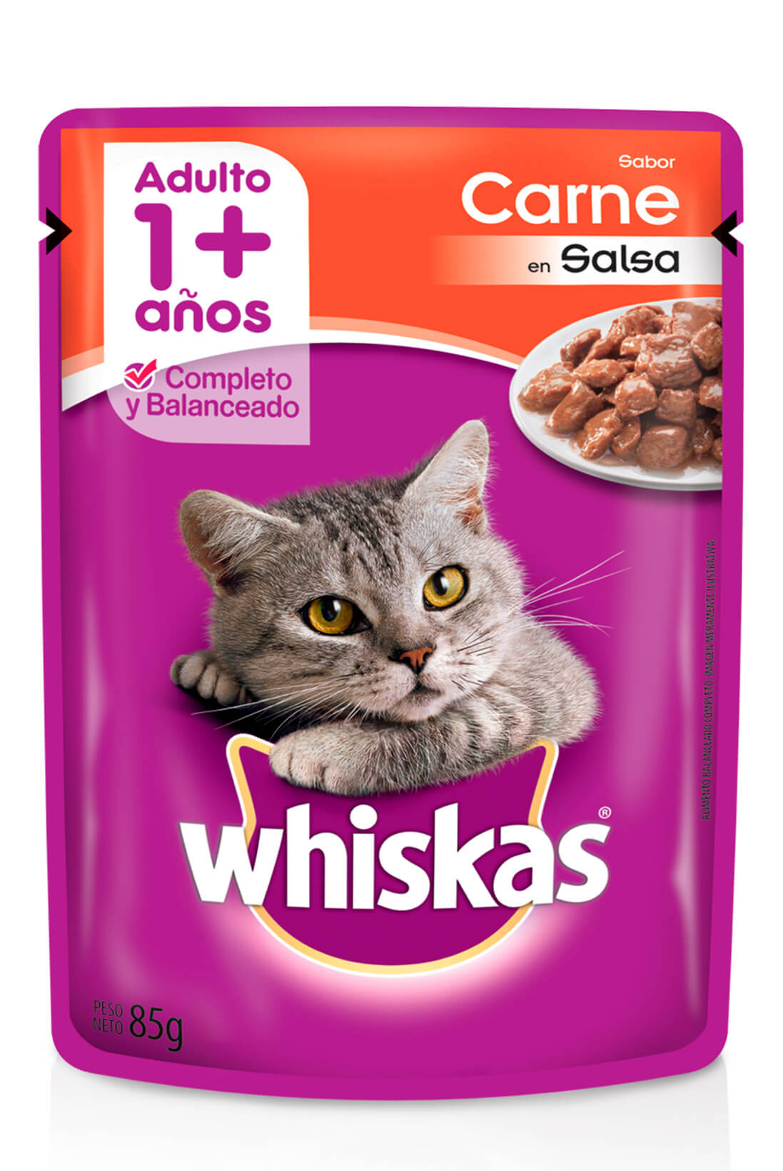 WHISKAS® SOBRE ADULTO 1+ SABOR CARNE EN SALSA 12X85GR