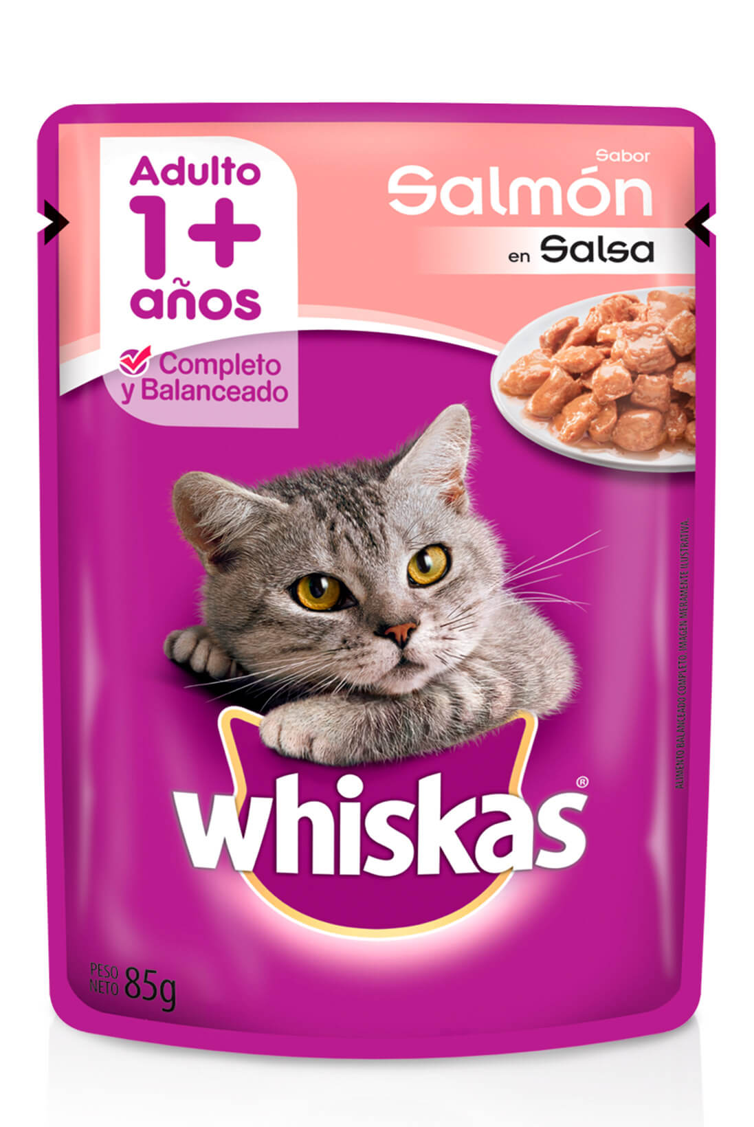 WHISKAS  SOBRECIT0 ADULTO 1+ SABOR SALMÓN EN SALSA 12X85GR